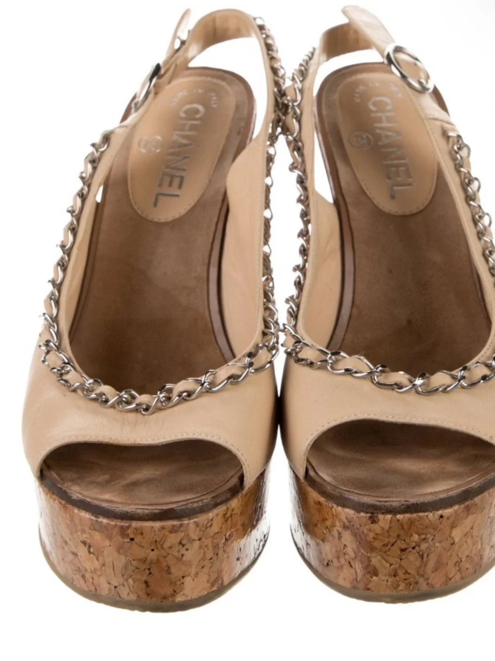 CHANEL Beige Leather Cork Wedge Slingback with Chain